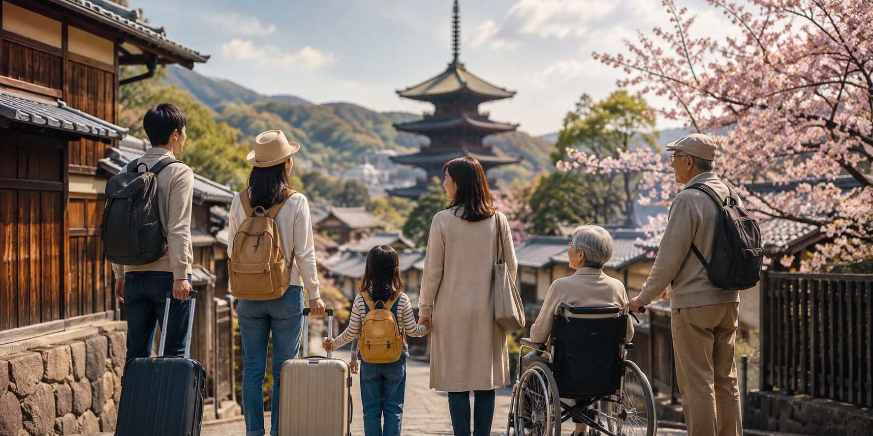 Multi-generational family, including a child and a wheelchair user, walking toward a pagoda under cherry blossoms